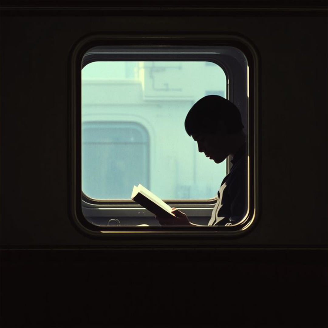 Someone reading a book by a train window