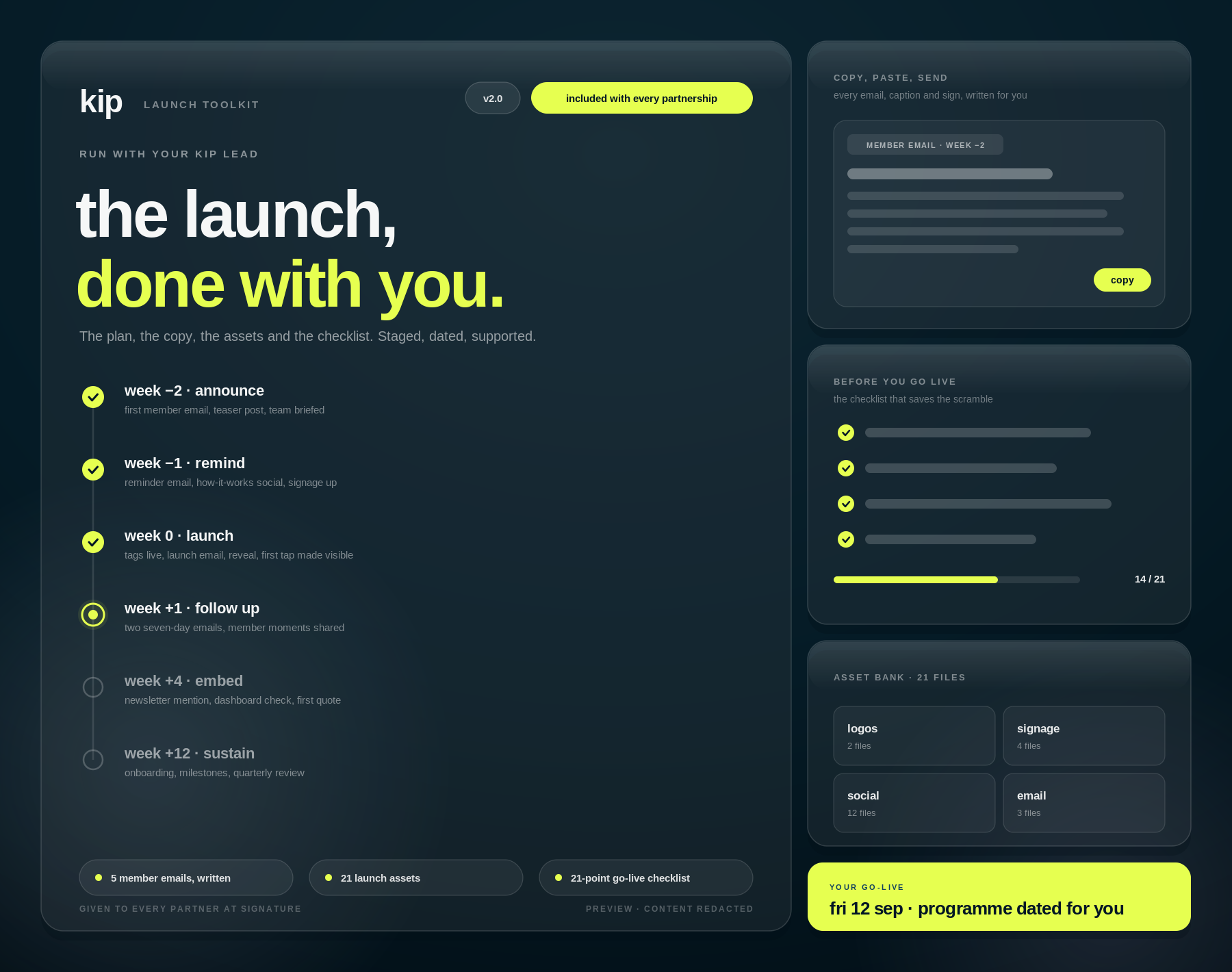 the kip launch toolkit: every member email, caption and sign written for you, with a go-live checklist