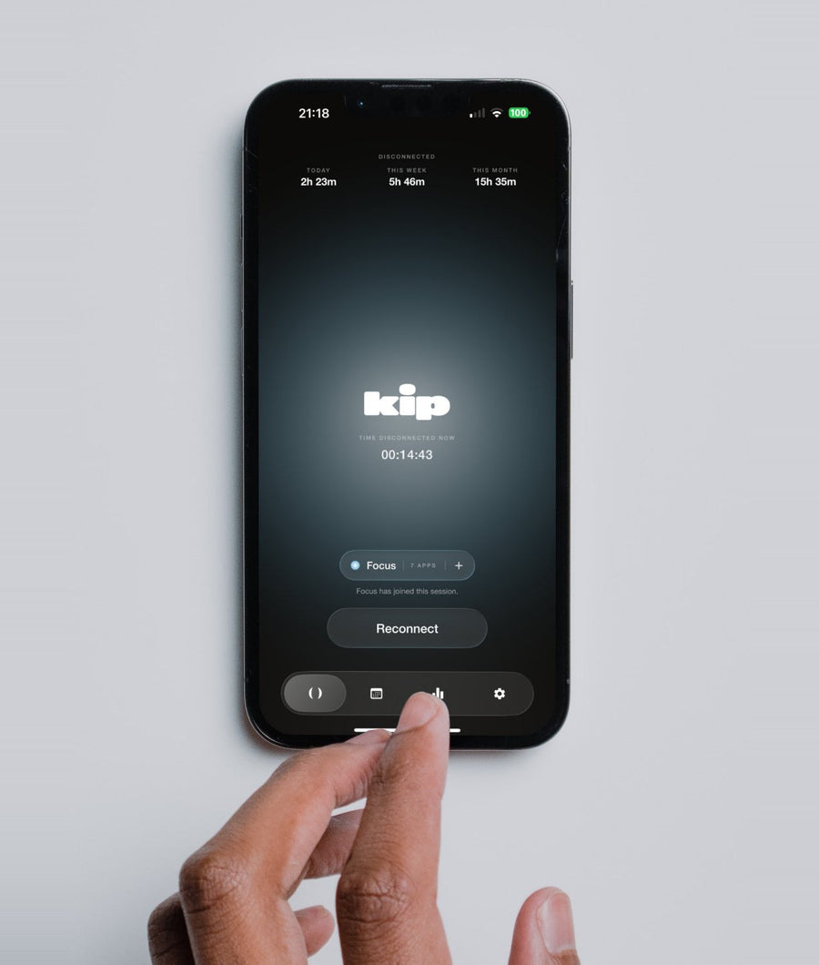 A hand taps the kip app on a phone, showing time disconnected